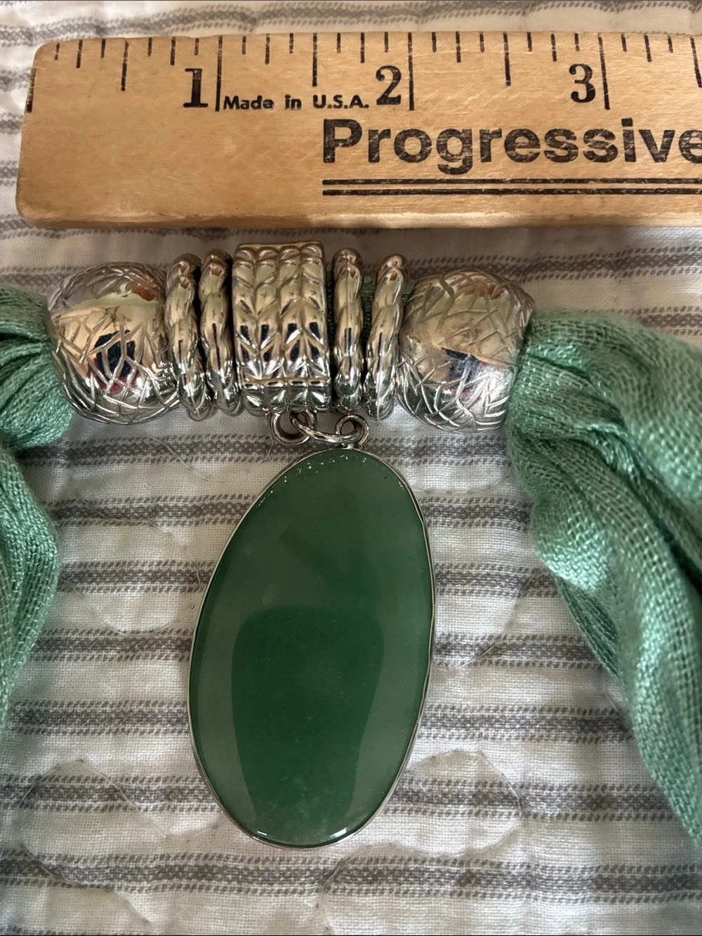 Scarf Light Green w Embellishment/Pendant Necklace, Accessory Statement.